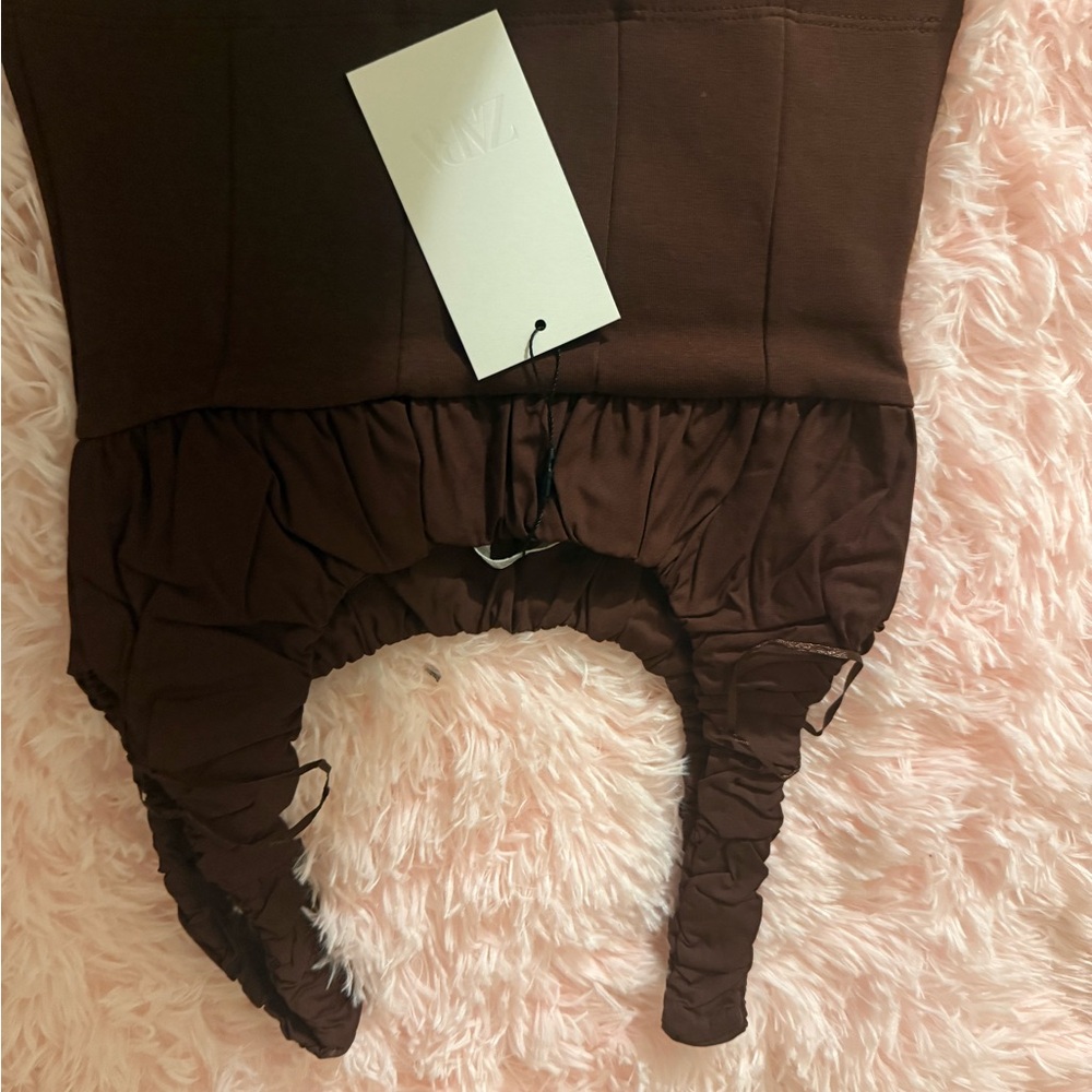 NWT Zara Brown Mixed Interlock Poplin Ruched Crop Top - Picture 7 of 7